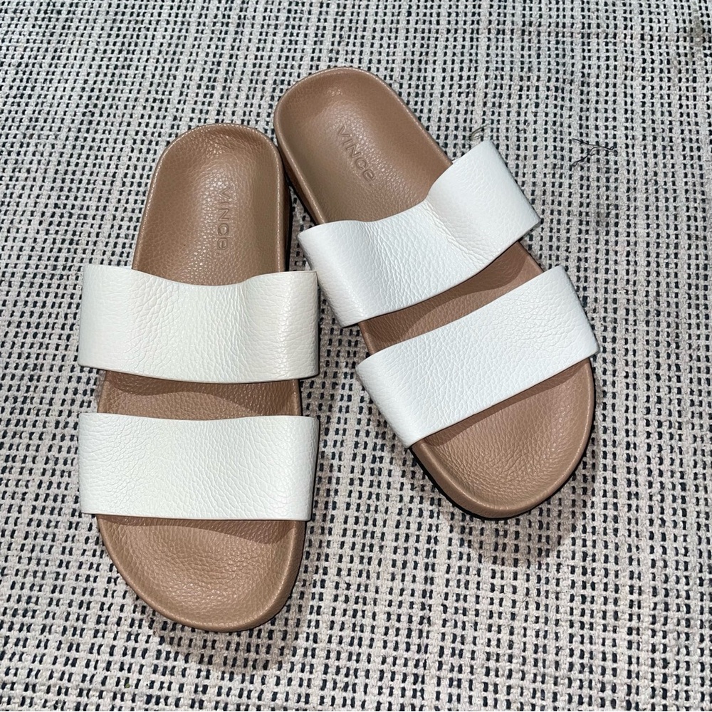 VINCE Women's Georgie Leather Slides Size 5.5M In White/Nude - Picture 2 of 6